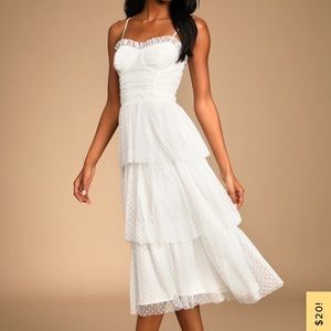 Lulu’s Sweetheart Style White Polka Dot Bustier Tiered Midi Dress - Small